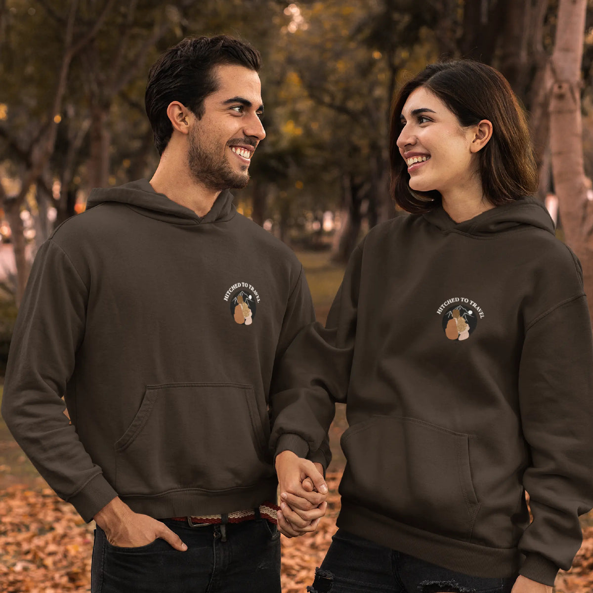 Buy Hitched To Travel oversized couple hoodie and brown hoodie with a stylish graphic print. Premium cotton, hooded design, and 69% off! Sizes S-XL.