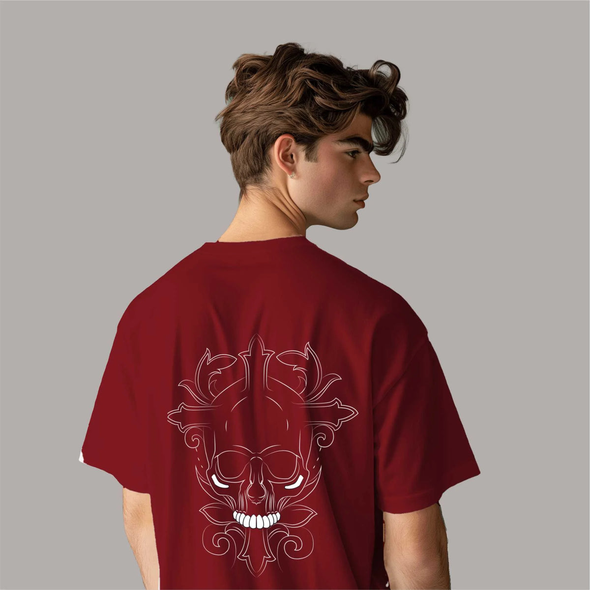 Buy Reflective Skull : Maroon oversize t shirt for man's | 100 % Cotton Skull Printed Oversized T-shirt | Drop Shoulder