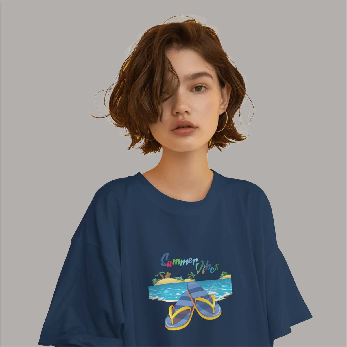 Buy Summer Vibes blue oversized T-shirt with beach print, round collar, drop shoulders, 100% cotton.