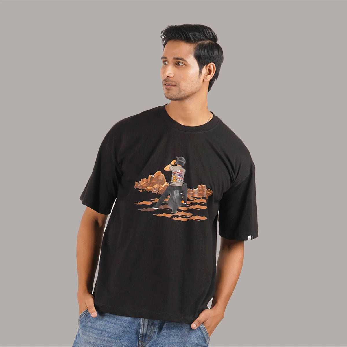 Black Oversized Biker Adventure Printed T-shirt only. ideal for informal attire. Buy now