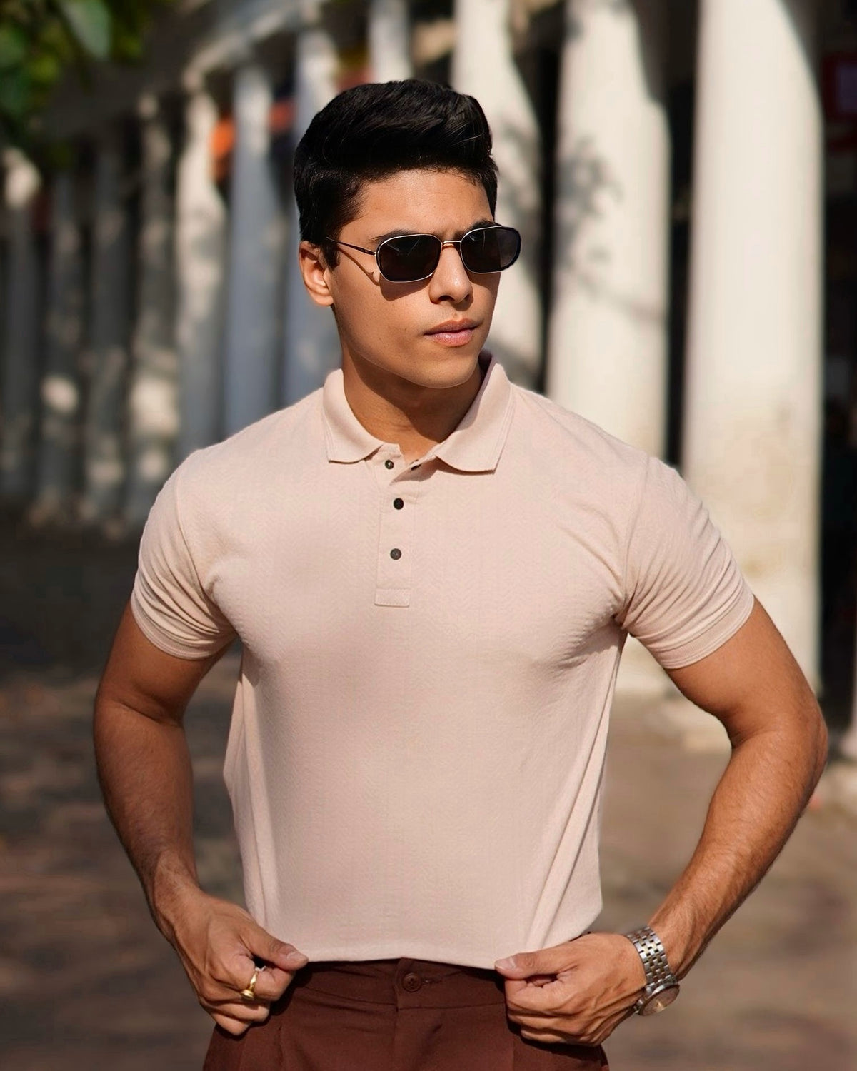 Peach  Jacquard-Knit Polo T-Shirt With Button