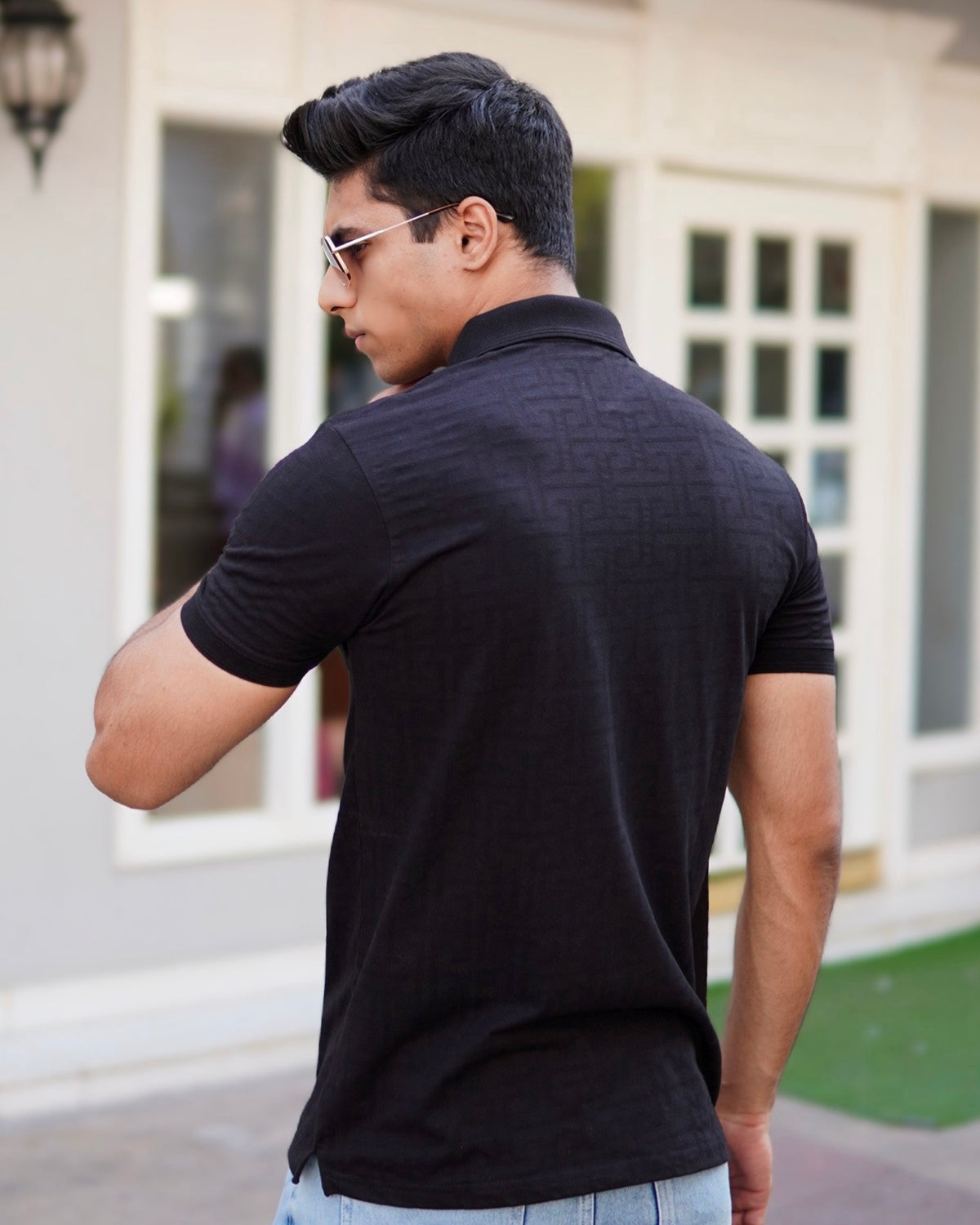 Black Jacquard-Knit Polo T-Shirt With Zip