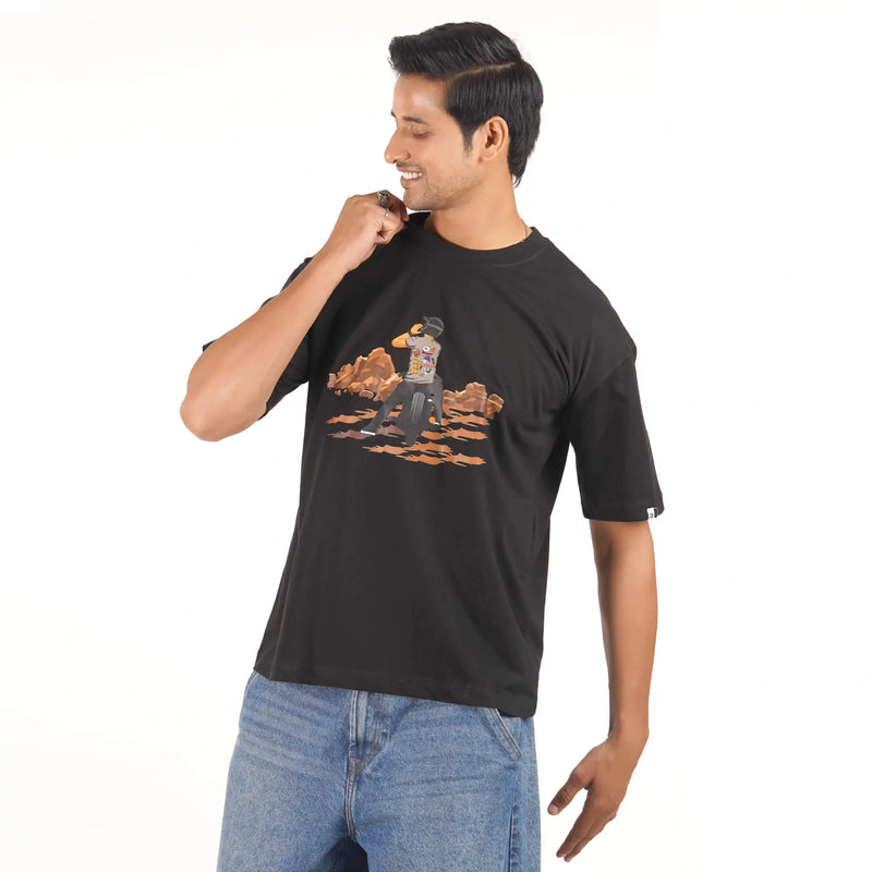 Only Biker: Black, Oversized Outdoor T-shirt with Drop Shoulder and a distinctive biker logo on the back Purchase online right now.