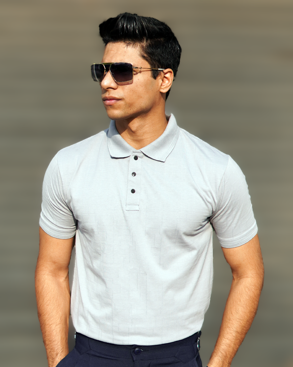 Gray Jacquard-Knit Polo T-Shirt With Button