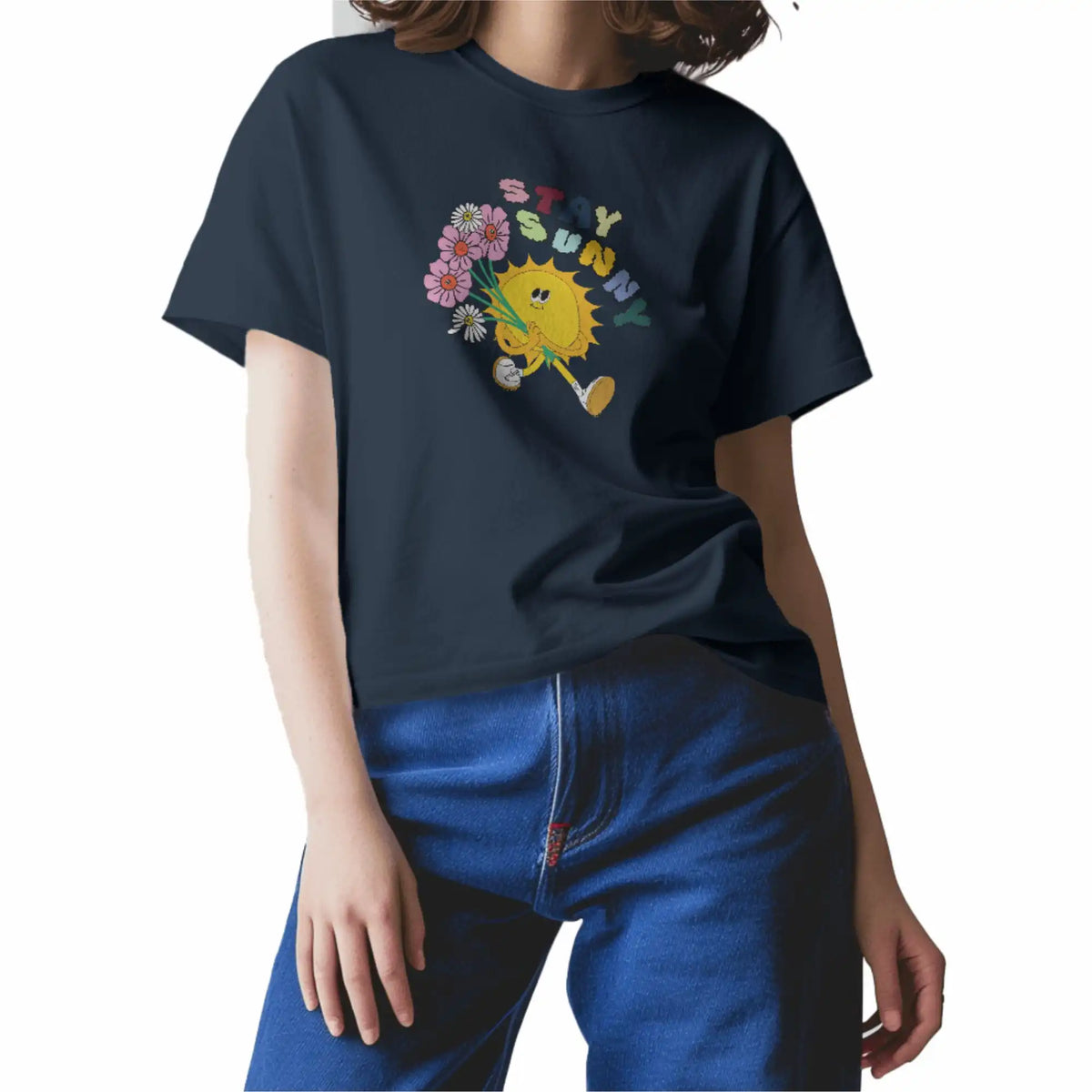 Blue oversized T-shirt featuring 'Stay Sunny' graphic, round neck, and drop shoulder design. Cotton material. Shop online today