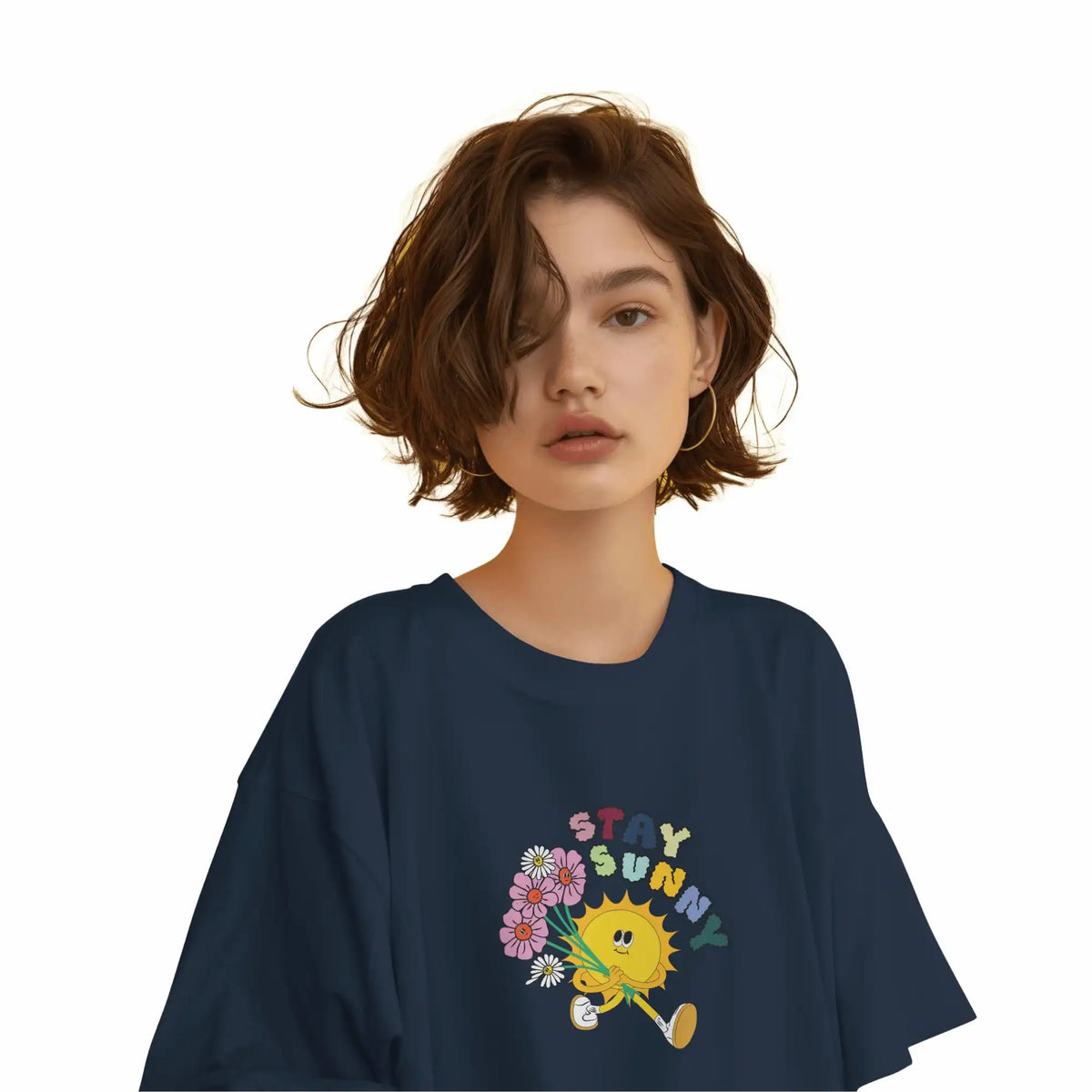 Blue oversized T-shirt for women with 'Stay Sunny' graphic. Round neck, drop shoulder, and cotton fabric. Shop online now