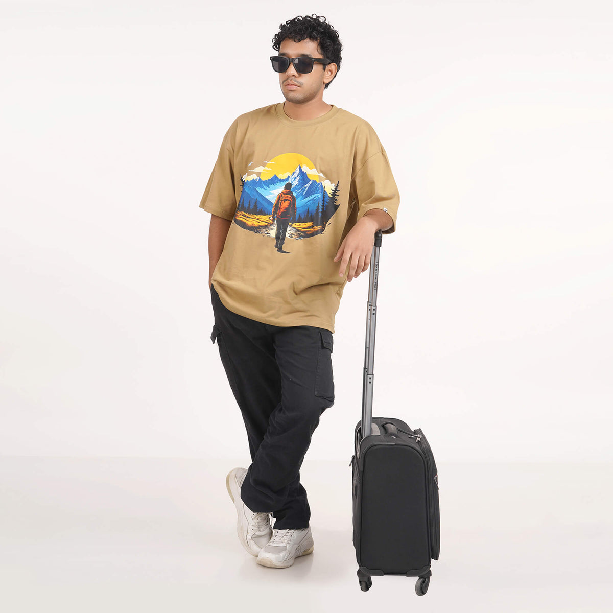 Buy Beige Sunset oversized T-shirt for men, designed with a drop shoulder and round collar, made from soft, breathable cotton.