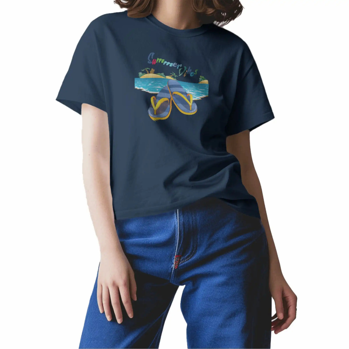 Buy Blue oversized Summer Vibes T-shirt, beach vibes print, round collar, drop shoulders, 100% cotton.
