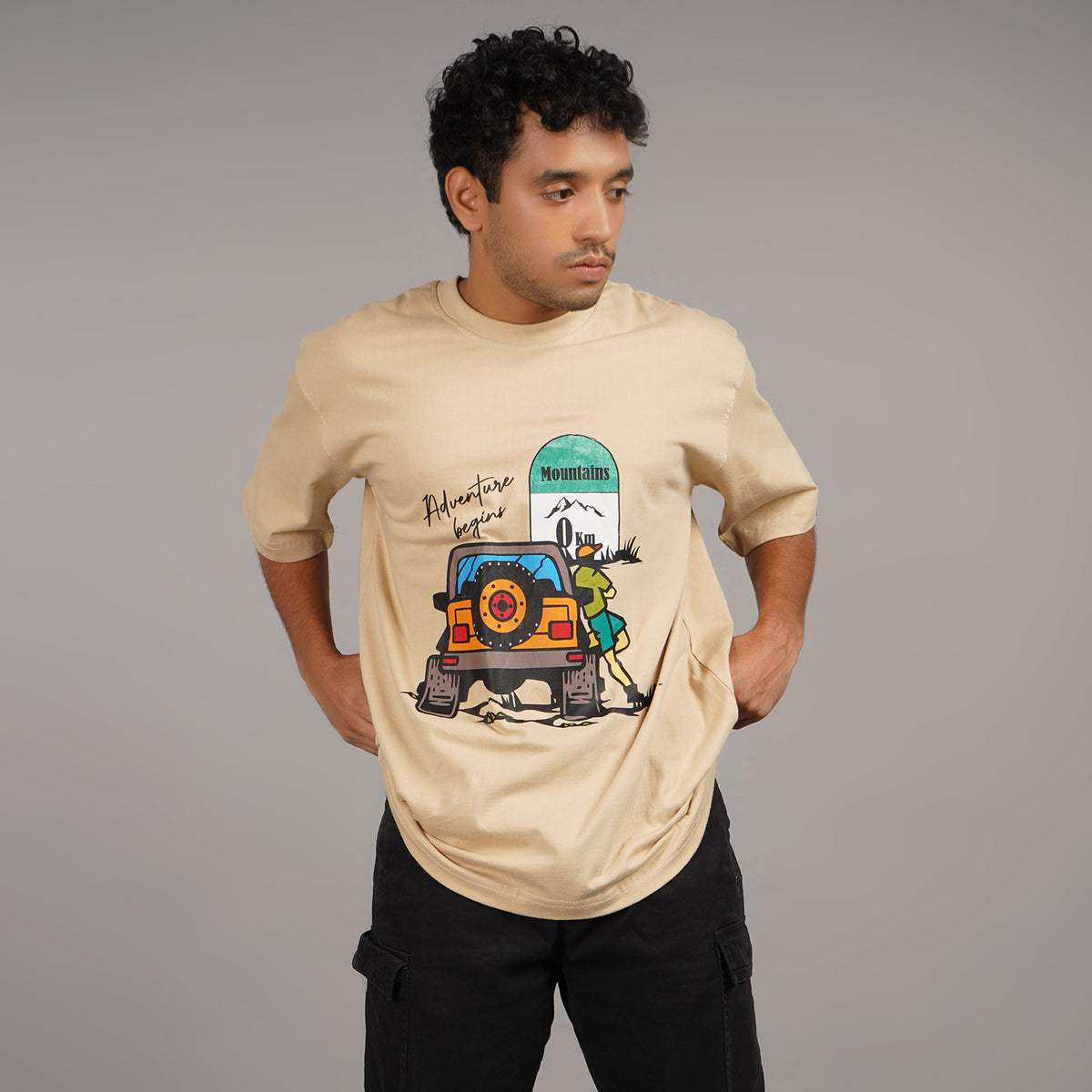 Shop Jeep printed Oversize t shirt for mans with Beige color |  Round Collar, Drop Shoulder and 100 % cotton