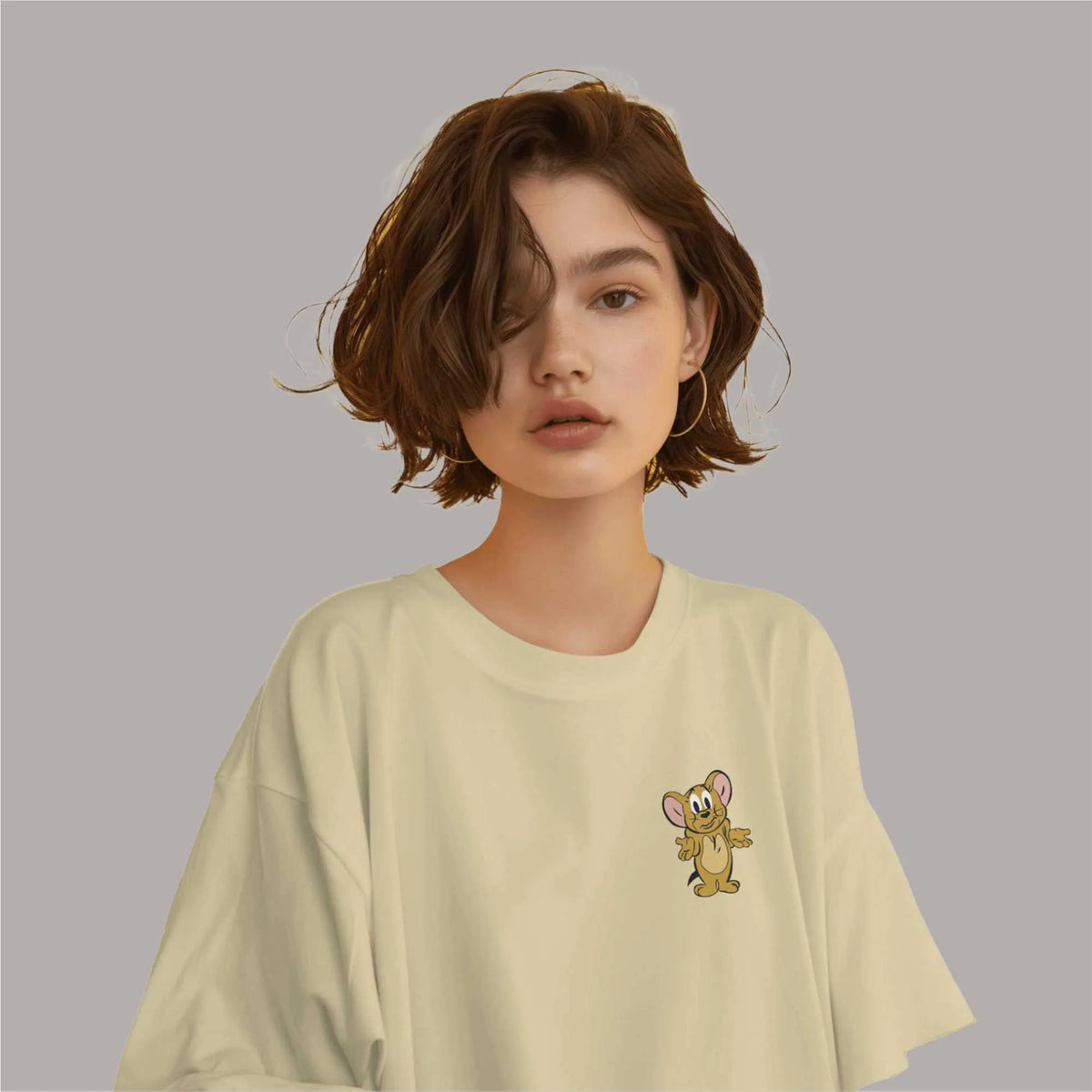 Buy Jerry beige oversized T-shirt, women's style, drop shoulders, round collar, 100% cotton.