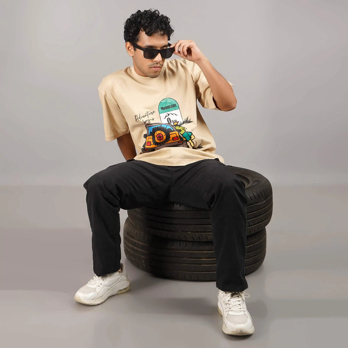 Men's Oversized Jeep Printed Drop Shoulder T-Shirt | Round collar, 100% Cotton | Buy online