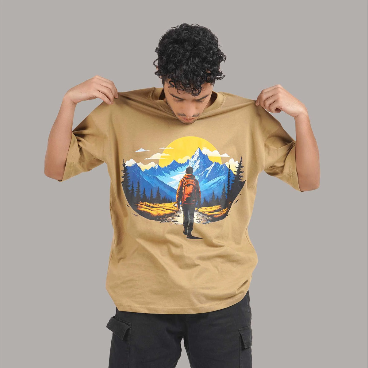 Buy Men's relaxed-fit beige T-shirt from Sunset, showcasing a drop shoulder design and round collar, made from 100% soft cotton
