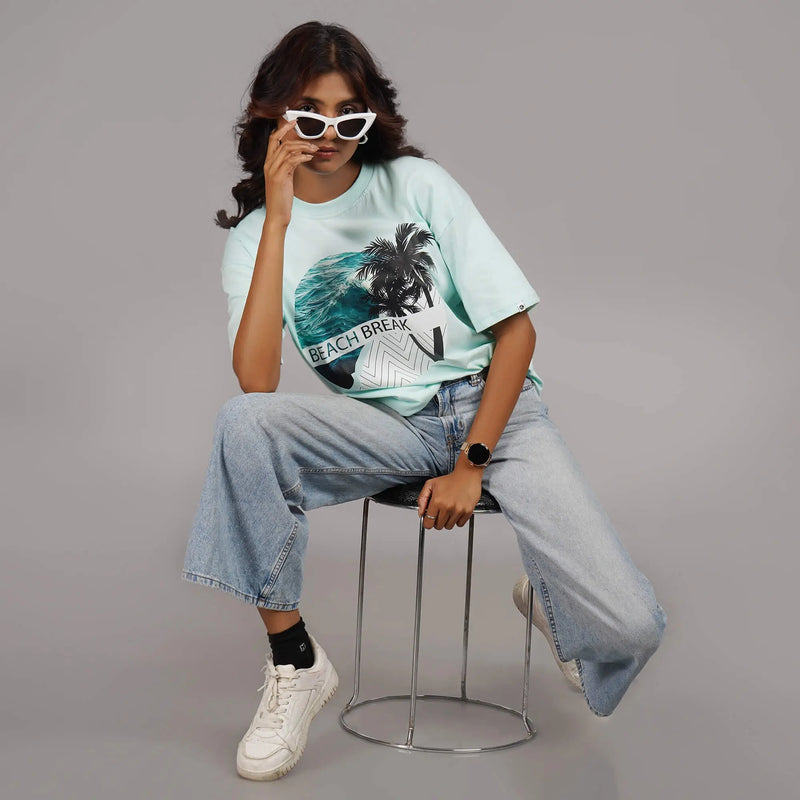 Buy Beach Break Oversized Tshirt | travelling t shirt design | AQUA BLUE |oversized t shirt women
