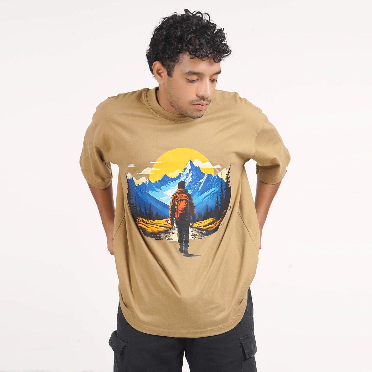 Buy Soft 100% cotton oversized Sunset T-shirt for men in beige, with a relaxed drop shoulder style and comfortable round collar.