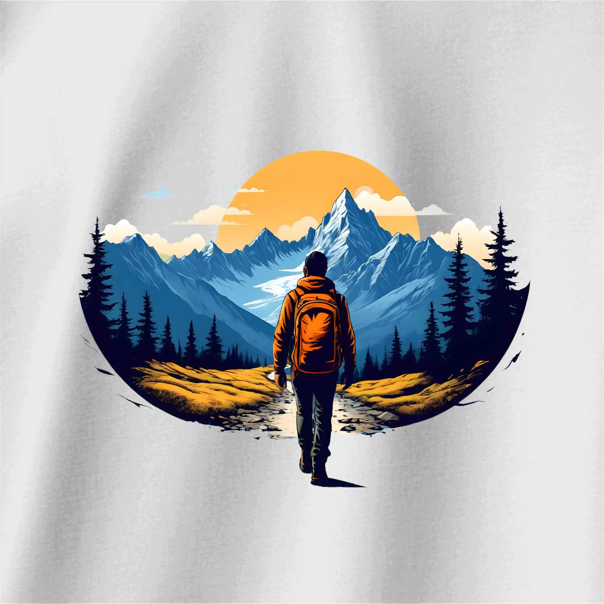 Sunset : 100 % cotton, Round Collar, Drop Shoulder with Mountain print on white oversize t shirt 