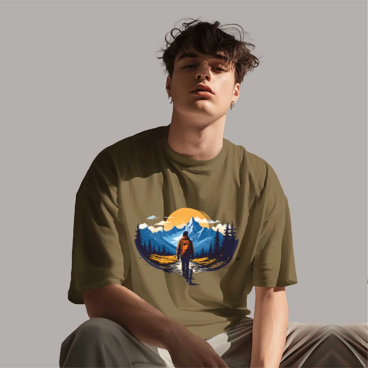 Sunset : Brown oversized T-shirt with sunset mountain graphic, drop shoulders, round collar, 100% cotton