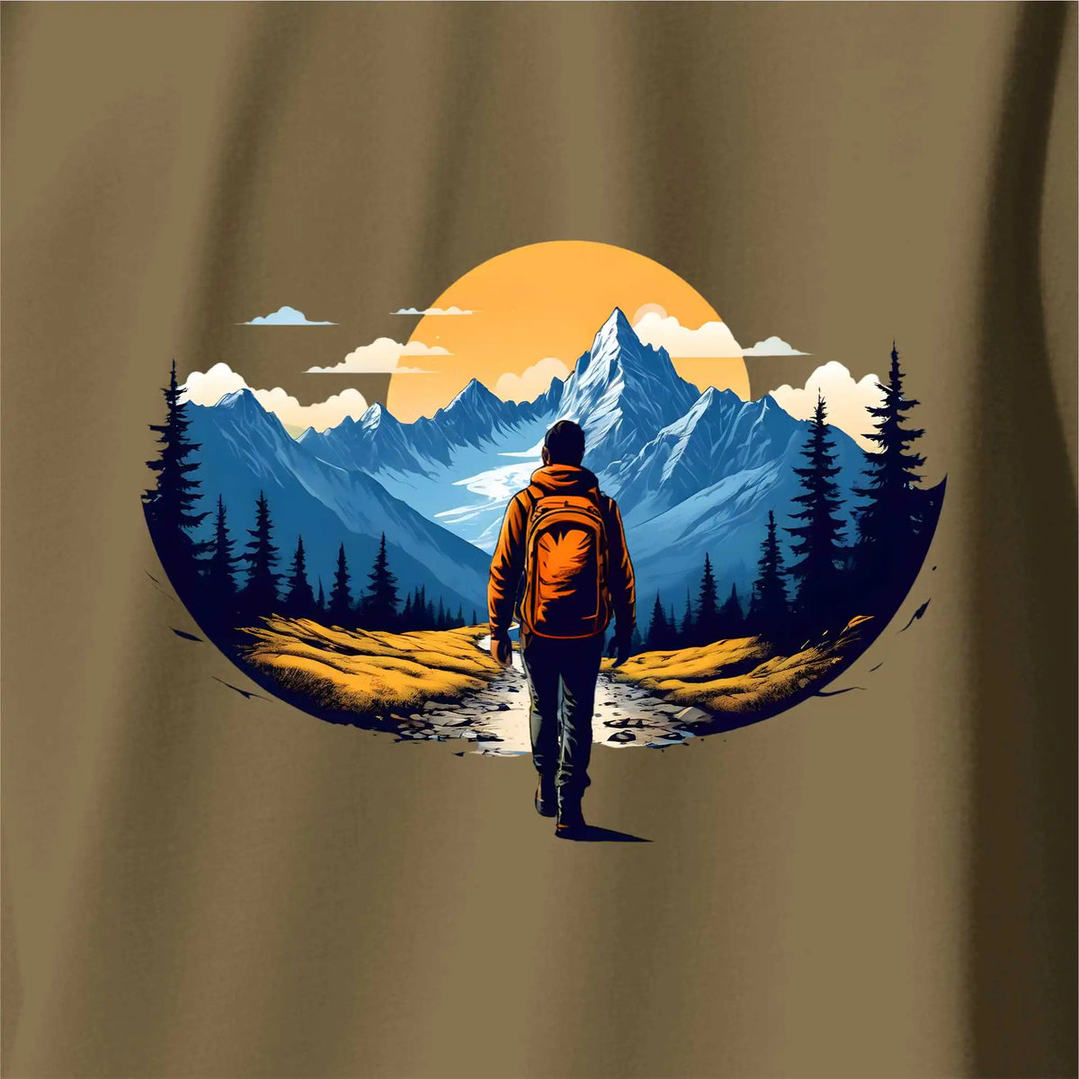 Sunset : Cotton oversized T-shirt in Brown with sunset mountain graphic, drop shoulders, round collar