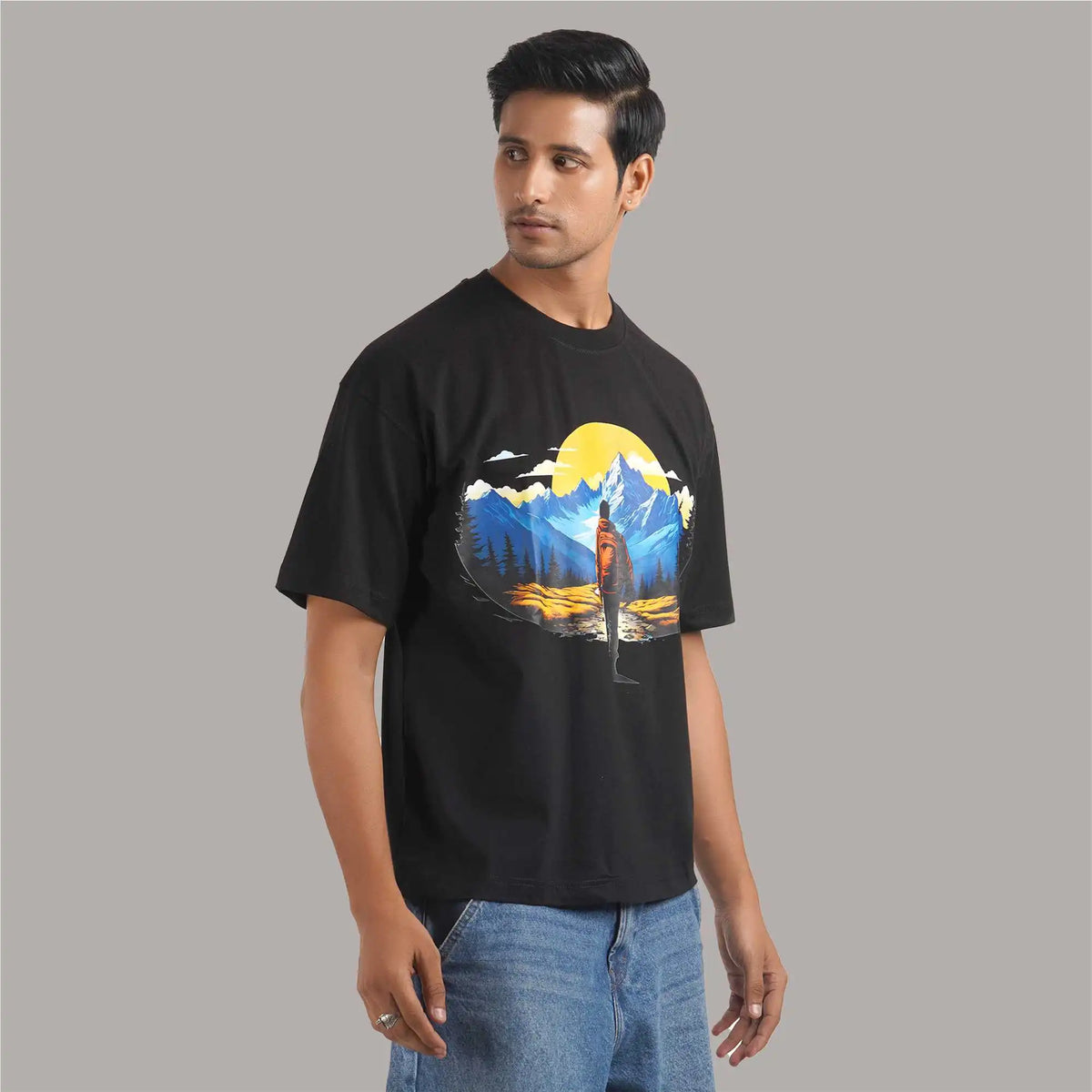 Sunset : Buy Mountain Printed oversize t shirt for man's | 100 % Cotton,Drop Shoulder,Black color and Round Collar