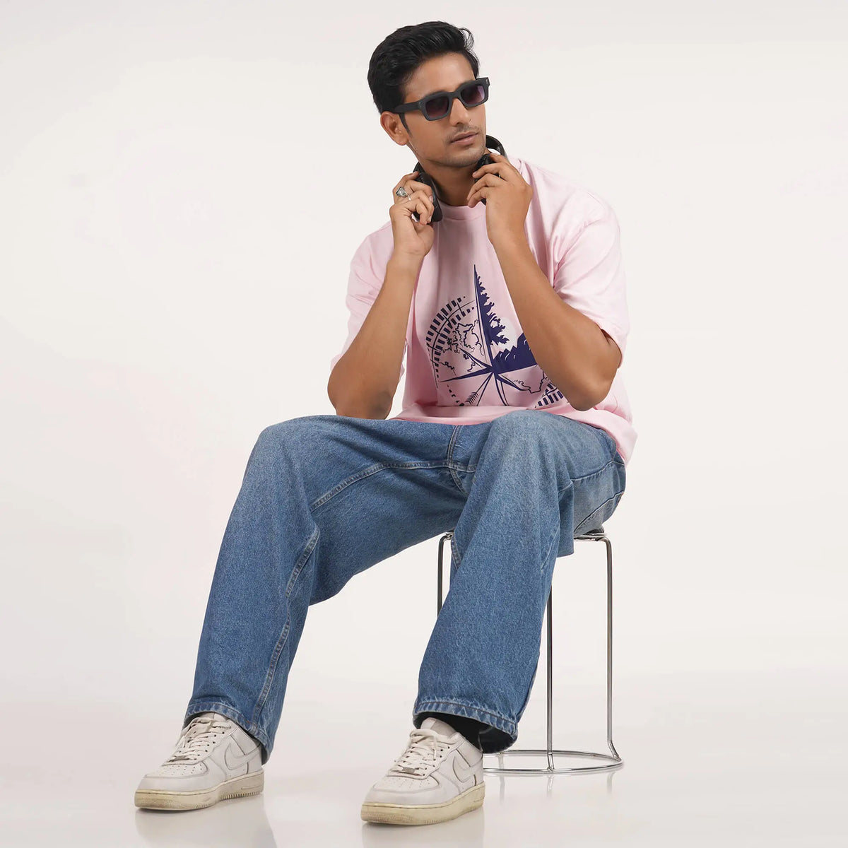 Buy Time Zone : Oversized pink cotton T-shirt with 'Time Zone' print, drop shoulder style, round collar