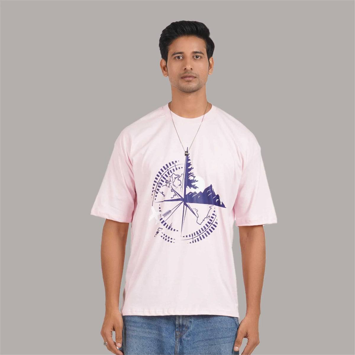 Buy Time Zone : Pink oversized T-shirt with 'Time Zone' graphic print, drop shoulders, round collar, 100% cotton