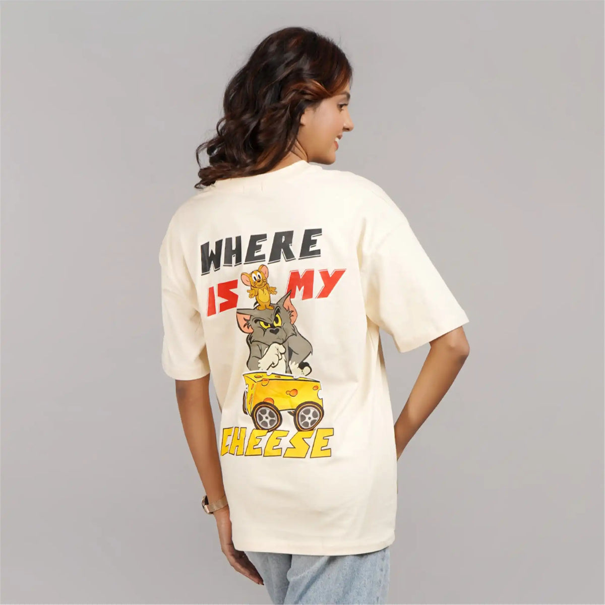 Buy Where Is My Cheese beige oversized T-shirt, cotton, drop shoulders, round collar, 100% cotton.