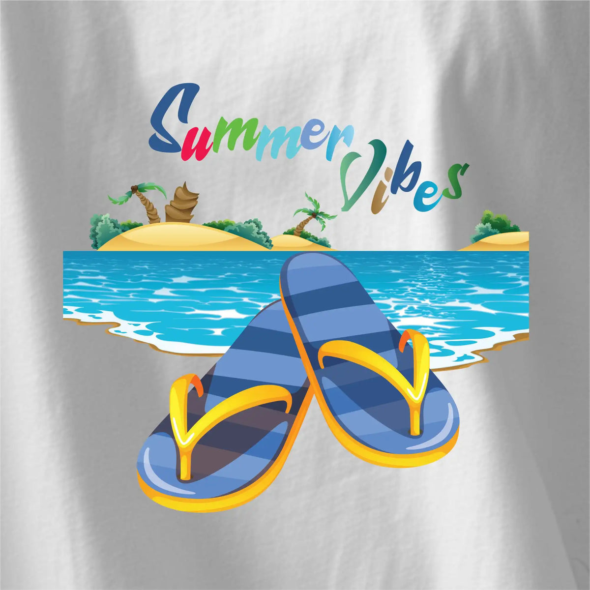 White oversized T-shirt featuring 'summer Vibes' graphic print, drop shoulders, and round collar. Soft cotton. Available online now