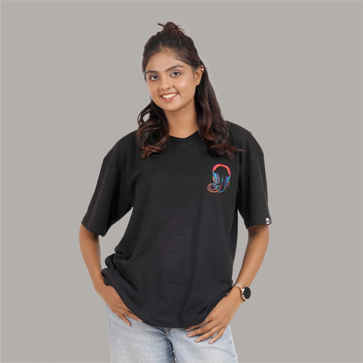 Buy online: Headphone black T-shirt, oversized style, drop shoulder sleeves, round neck, cotton print, 100% cotton.