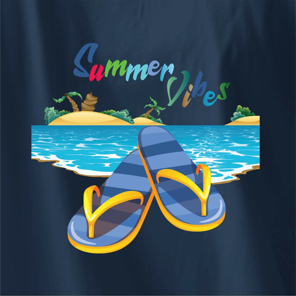 Buy online: Summer Vibes oversized T-shirt, blue with beach print, round collar, drop shoulder, cotton.