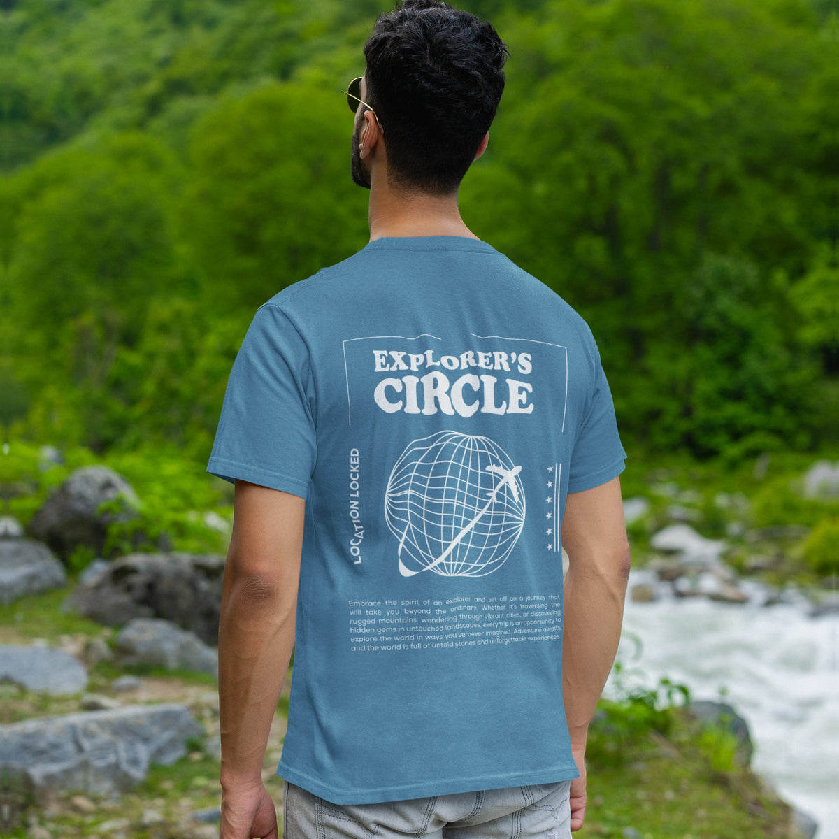Explorer's Circle Command Blue Oversized T-Shirt for Men – Stylish and comfortable for everyday adventures.