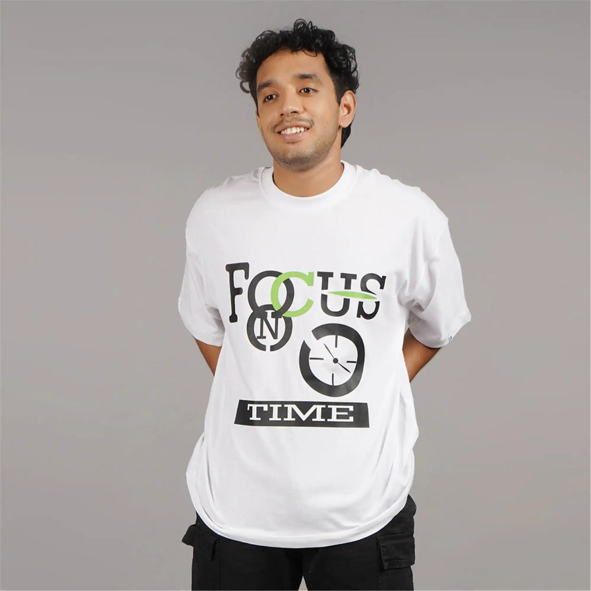 Focus On Time : Oversize t shirt for man's | white color | Pure cotton | Drop Shoulder| Round Collar