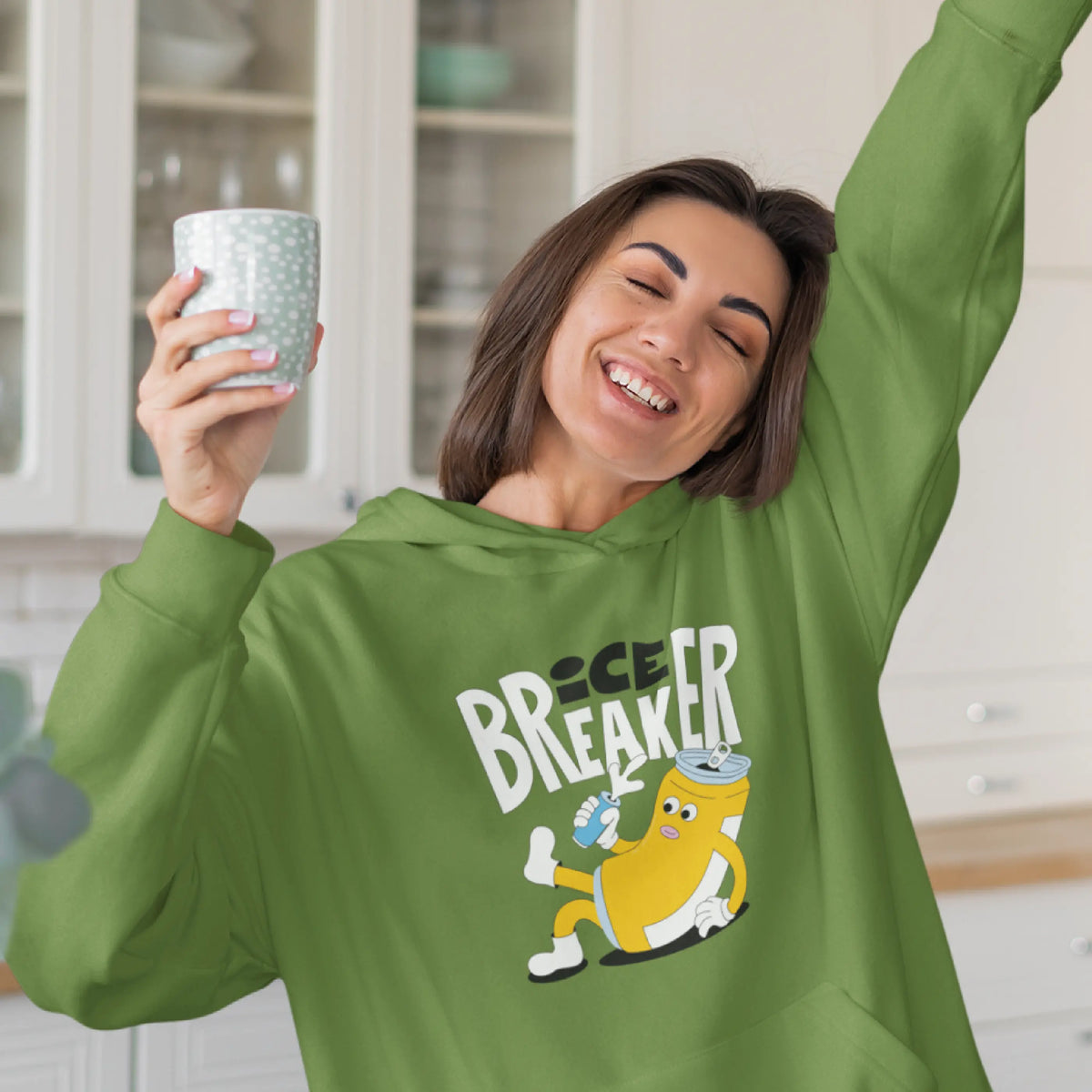 Green oversized hoodie for women - Break the Ice design, featuring a relaxed fit and Moss Green color, shown with a size chart and discounted price