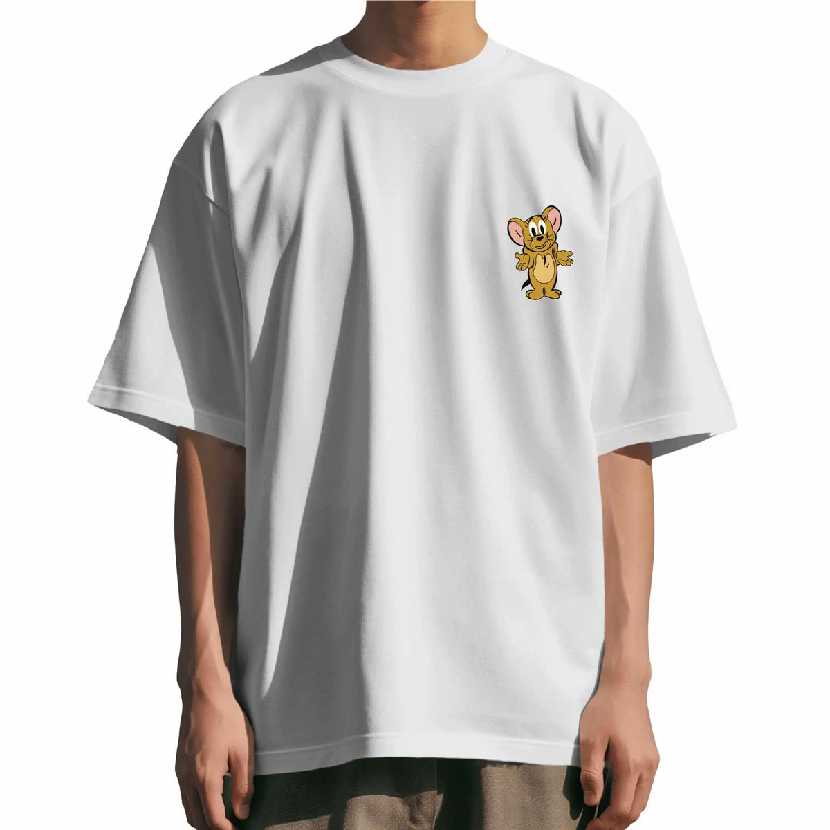 Jerry : Men's oversized T-shirt in white featuring 'Jerry' graphic, drop shoulders, round collar, shop online