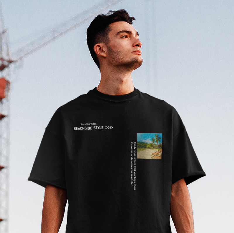 Men’s Black Oversized T-Shirt – Beach View Edition – Perfect for casual wear and seaside adventures.