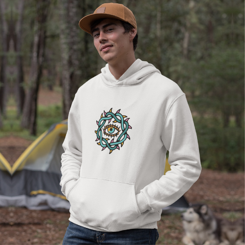 Men’s Evil Eye printed oversized hoodie in white – a stylish and comfortable choice for casual wear. Grab yours today!