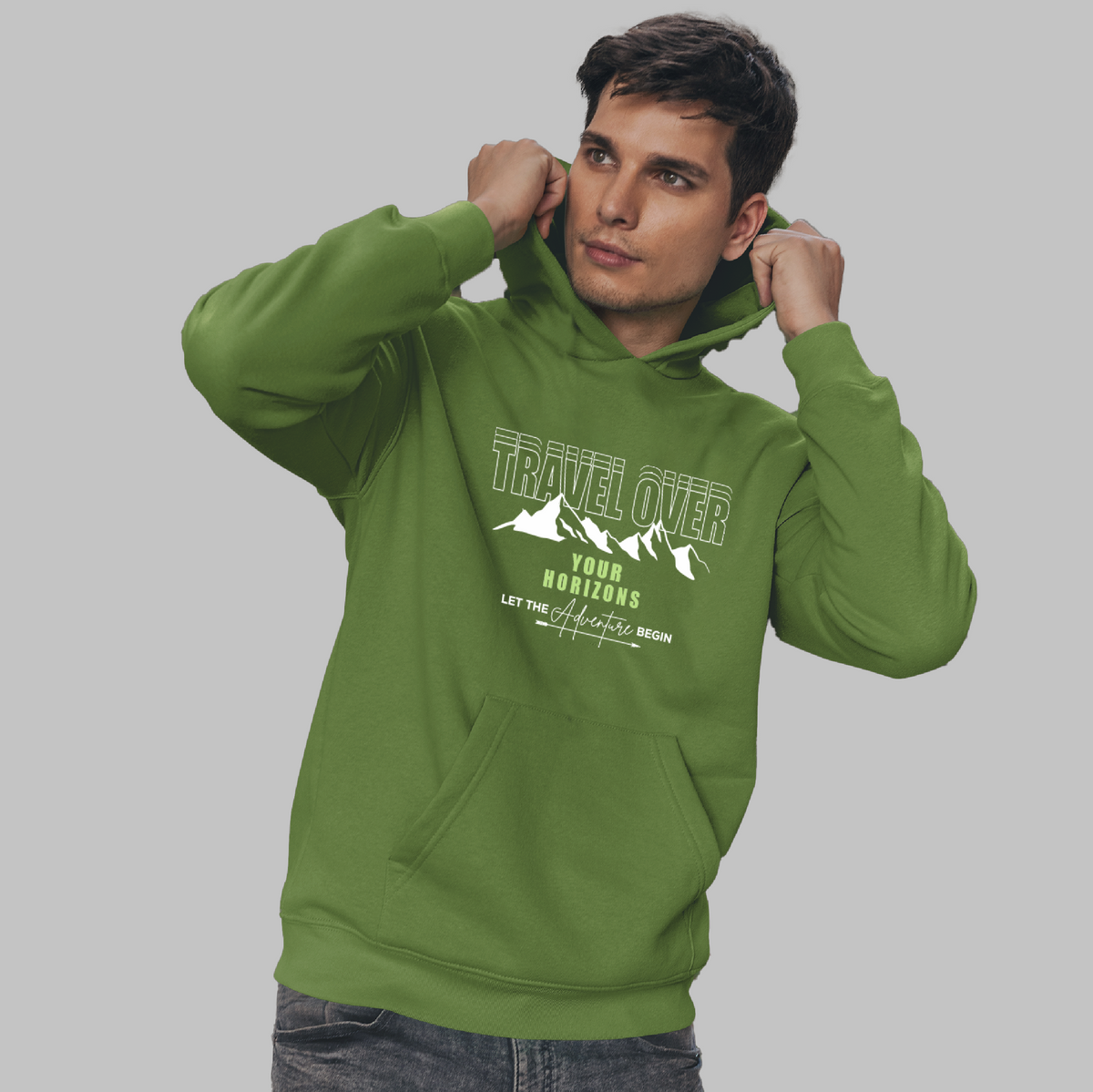 Men’s Moss Green Oversized Hoodie – Travel Over Design – Perfect for casual wear and travel adventures.