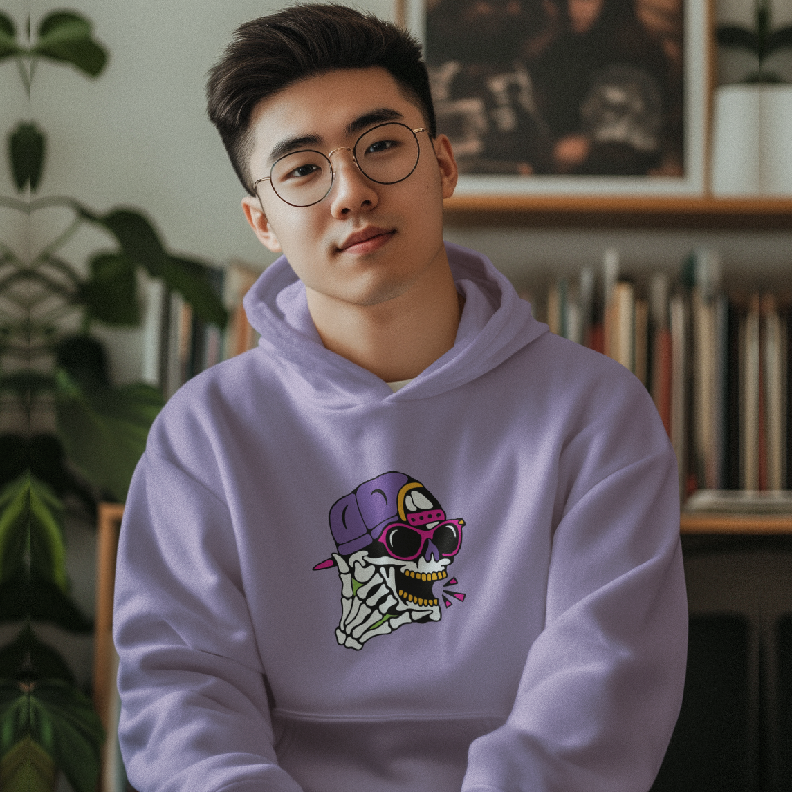 Men's lavender Dead Call oversized hoodie with cuffed sleeves, graphic print, and hood for comfort.