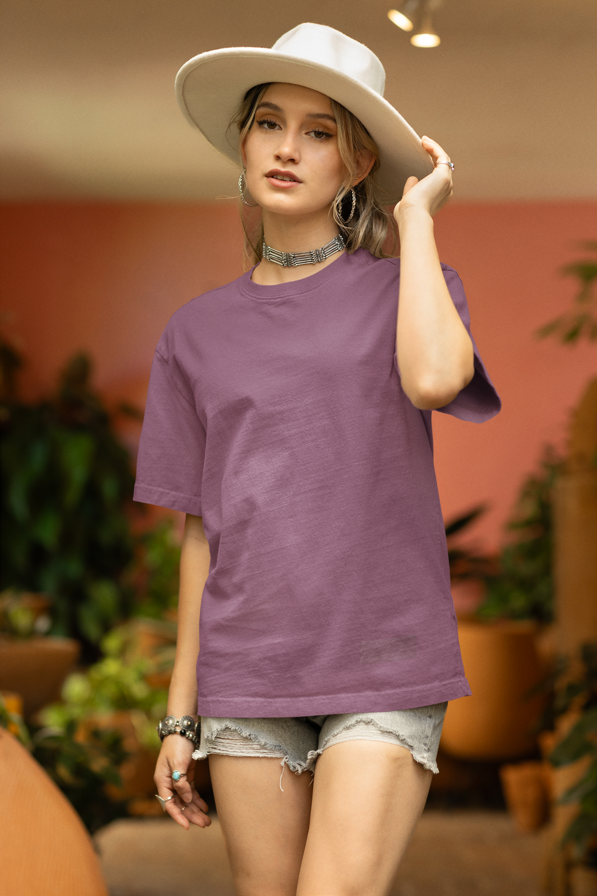 Buy Plain oversized T-shirt in English Lavender color, offering a relaxed fit and soft fabric for a comfortable, casual look