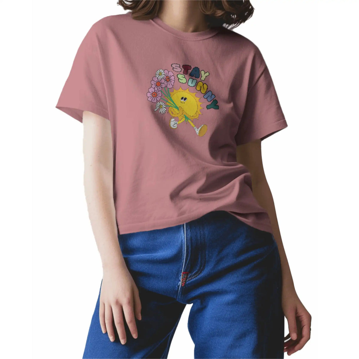 Stay Sunny ; Stay Sunny oversized T-shirt in pink, round neck, drop shoulders, 100% cotton with printed design.