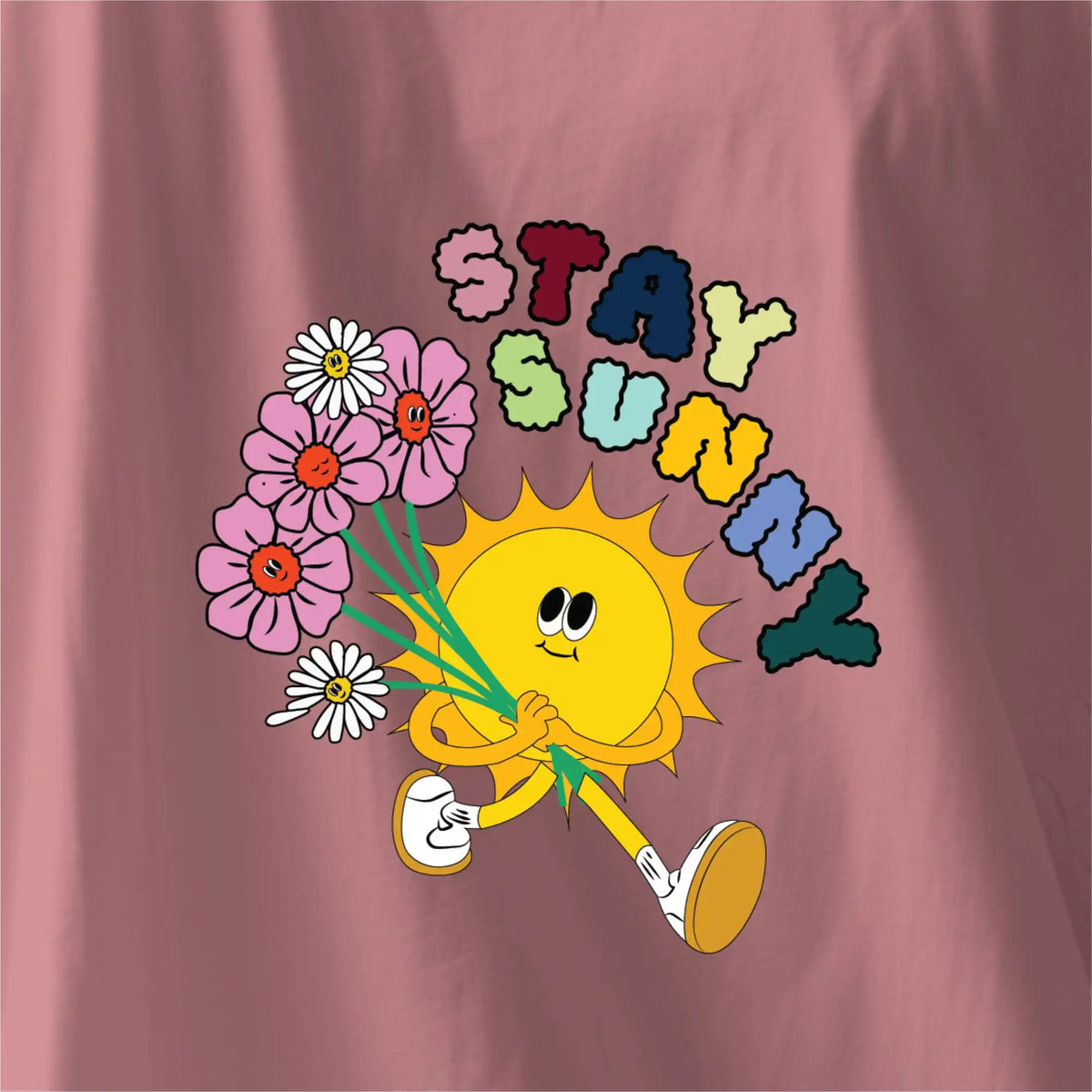 Stay Sunny : Women's Stay Sunny pink T-shirt, oversized fit, round neck, drop shoulders, 100% cotton with print.