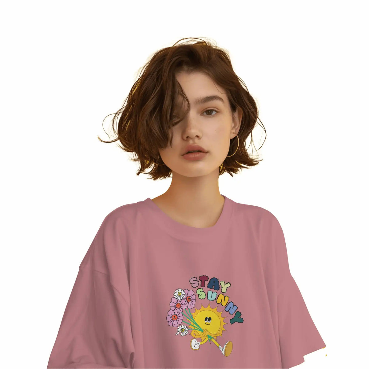 Stay Sunny :buy online pink oversized T-shirt with round neck, drop shoulders, 100% cotton, and printed design.