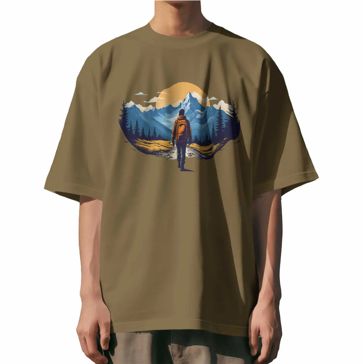 Sunset : Sunset mountain printed Brown oversized T-shirt, drop shoulders, round collar, cotton fabric