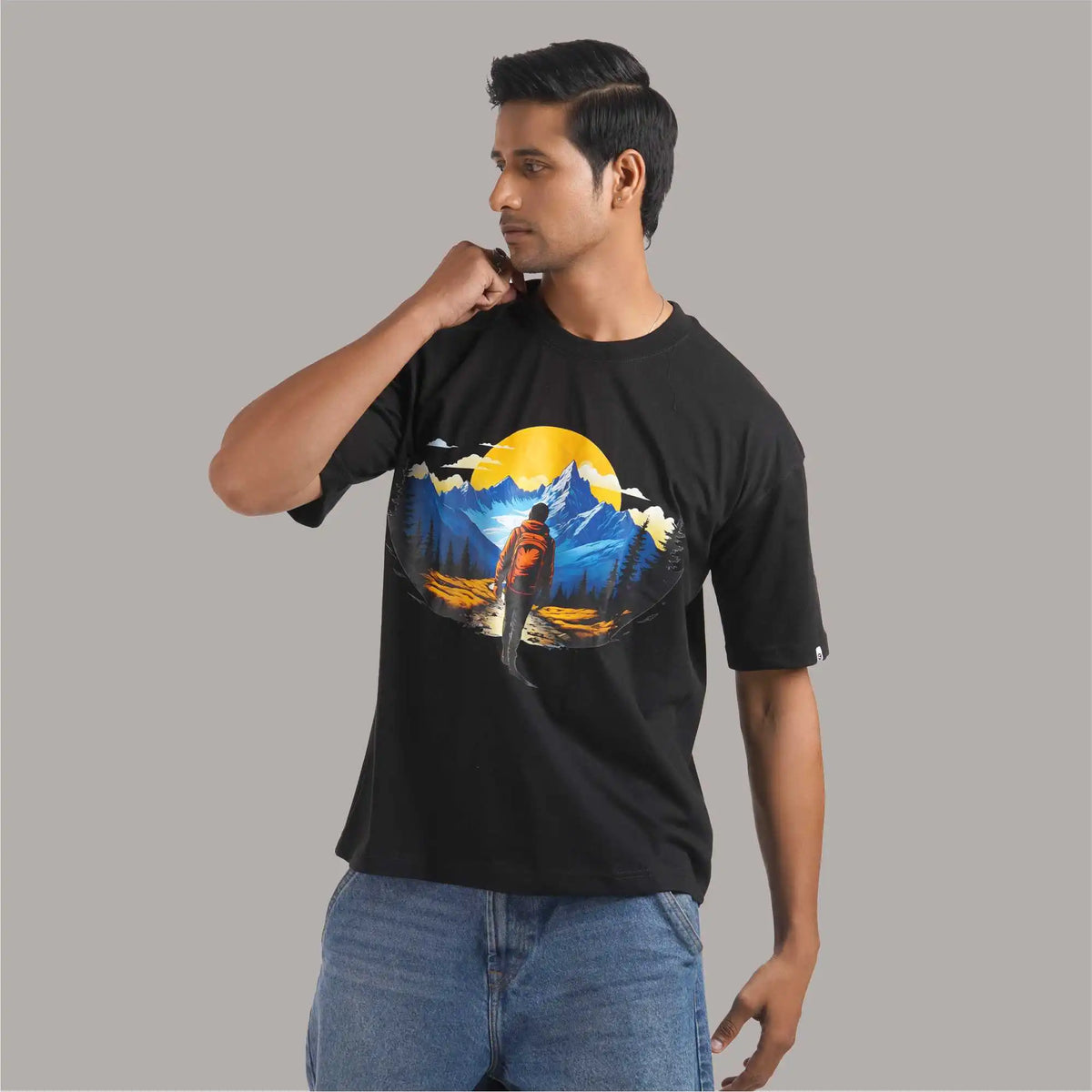 Sunset : buy online oversize t shirt for man's | Drop Shoulder, Round Collar, Mountain Graphic Print