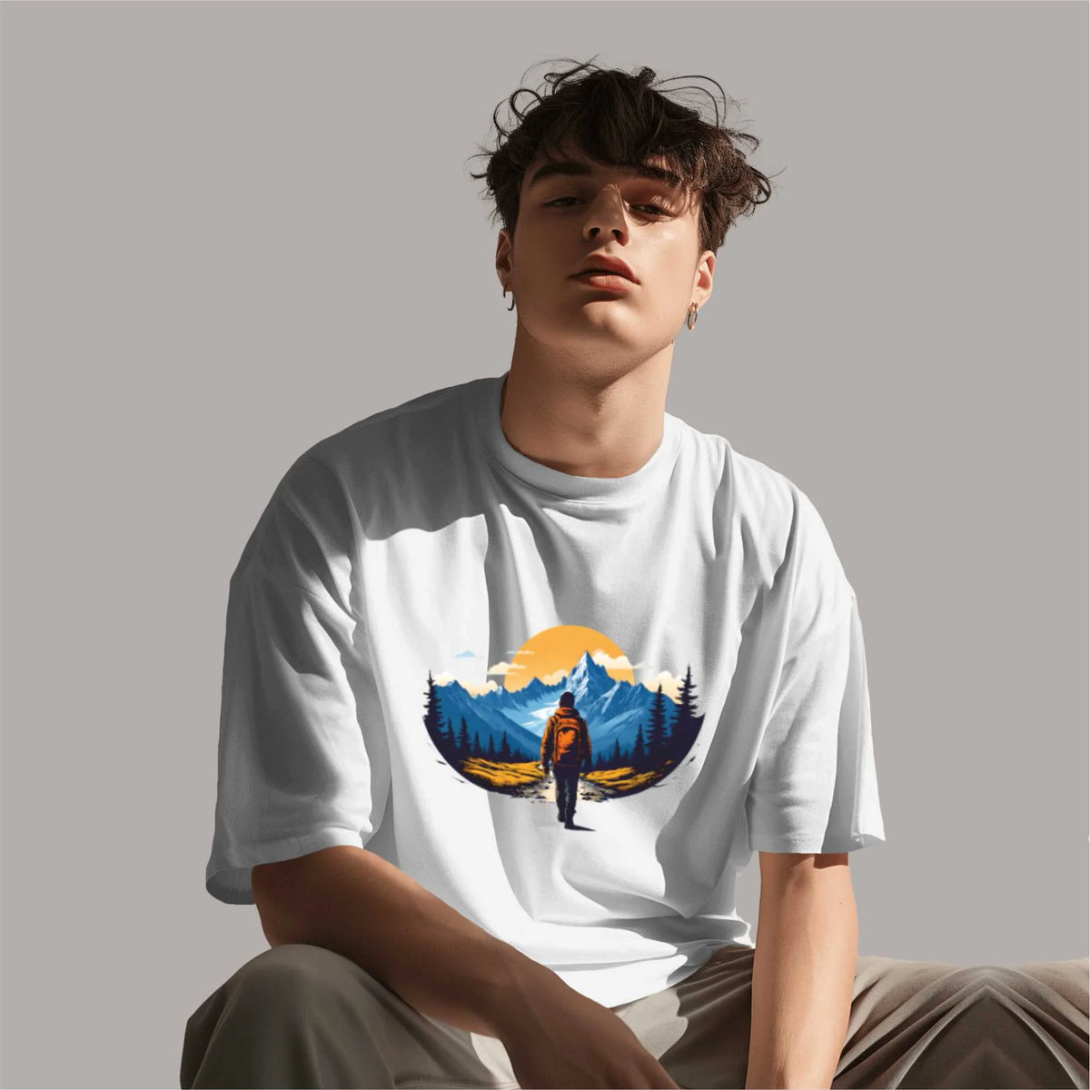 Sunset :  buy online white oversize t shirt for man's | Mountain Printed Oversized Tees