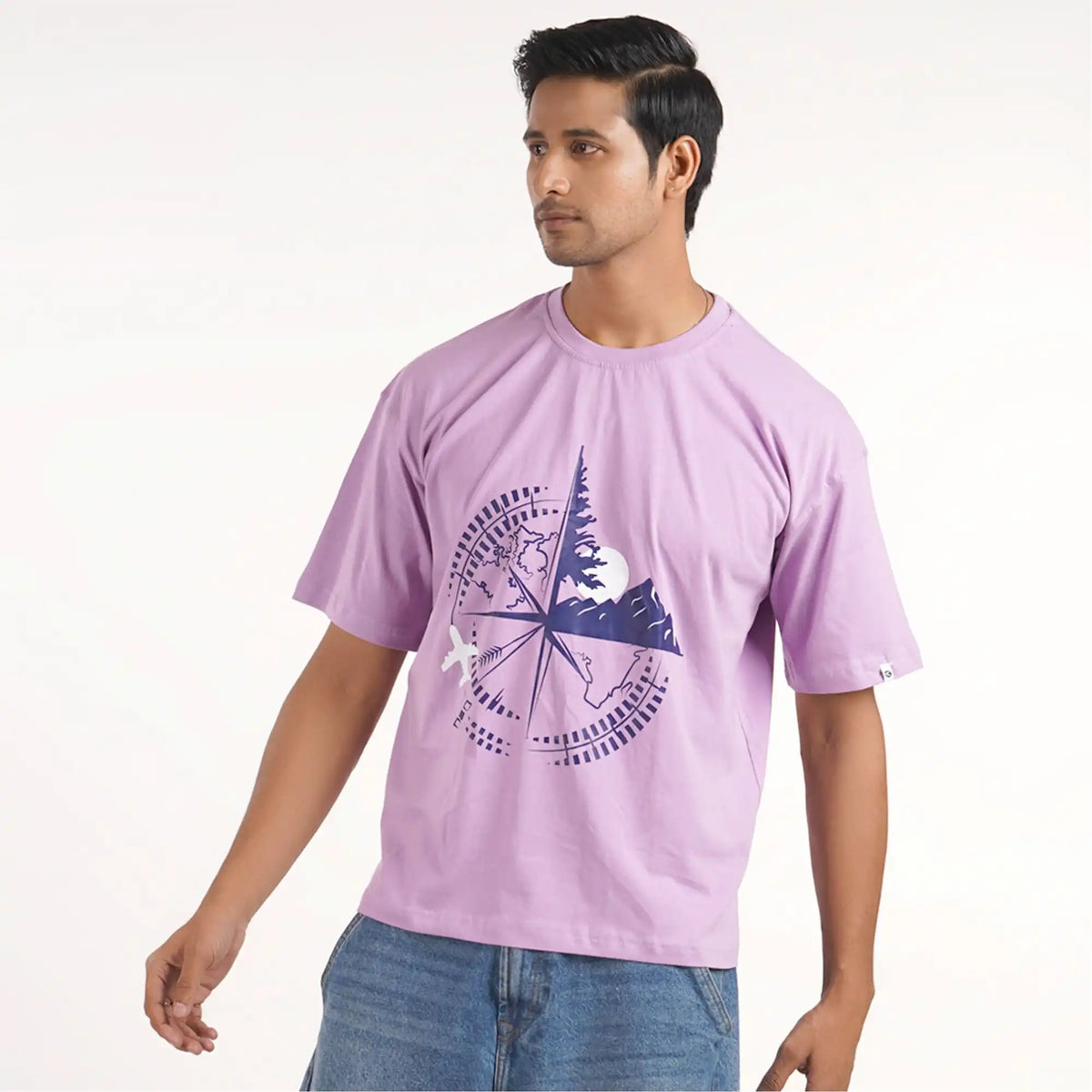 Time Zone : buy online man's oversize t shirt with Lavender color | 100 % cotton, Drop Shoulderand Round Collar