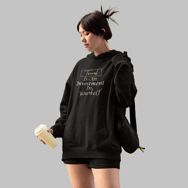 Travel Is An Investment Hoodie – Black Oversized Fit for Women – A must-have for comfort and effortless fashion.