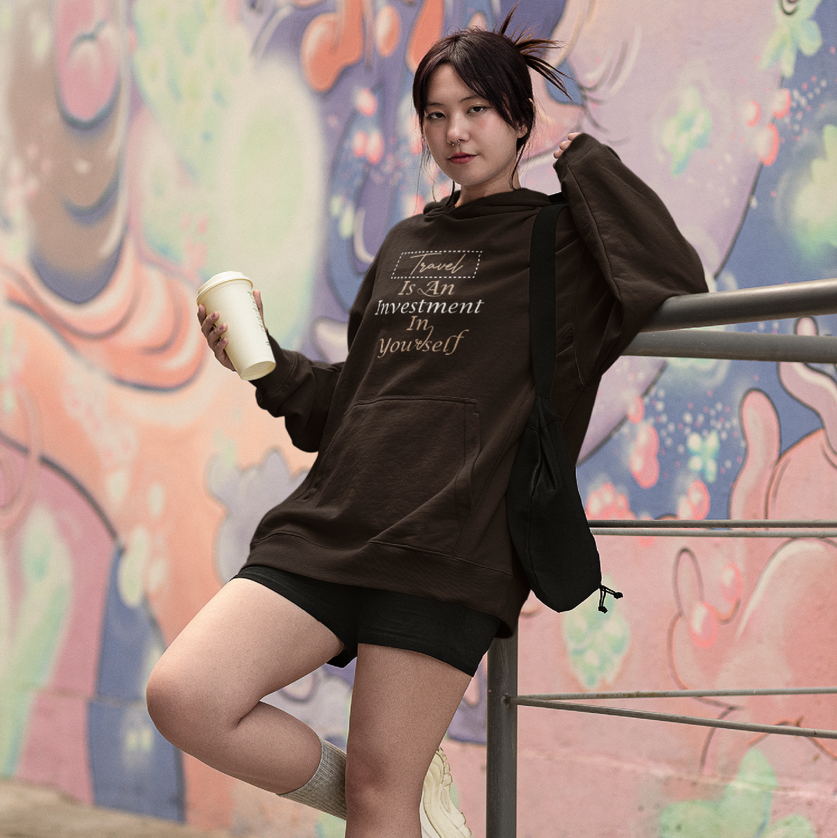 Travel Is An Investment Oversized Hoodie for Women – Coffee Brown Edition – Stay cozy and stylish on every journey.