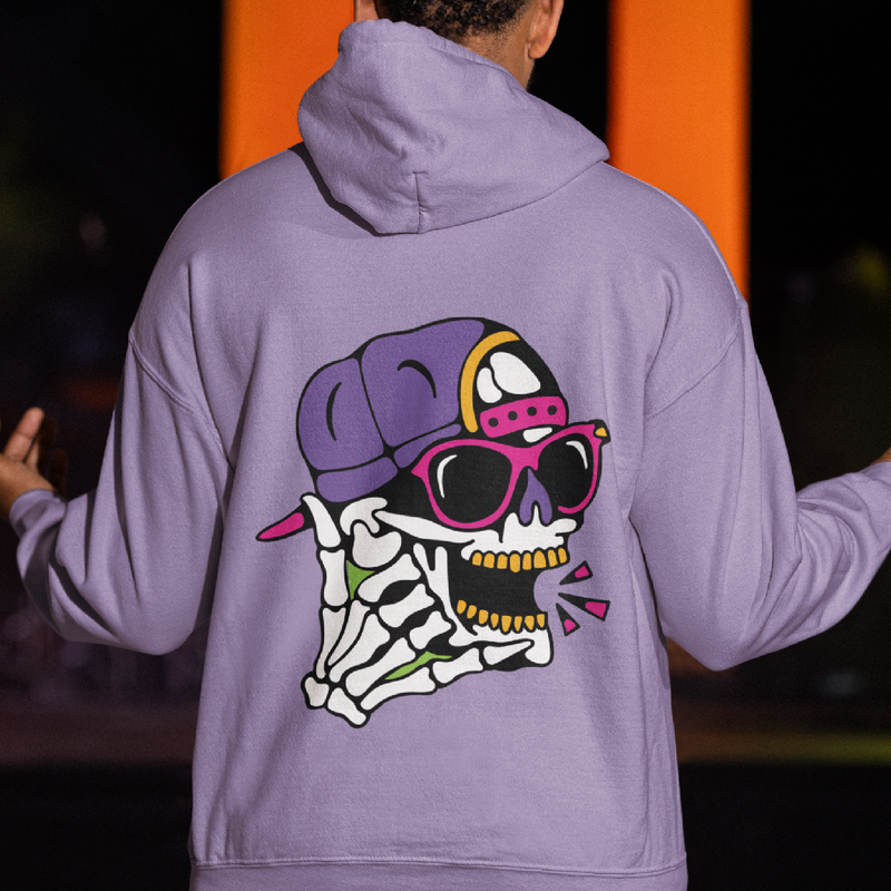 Trendy lavender oversized hoodie for men featuring "Dead Call" graphic print and 100% cotton material.