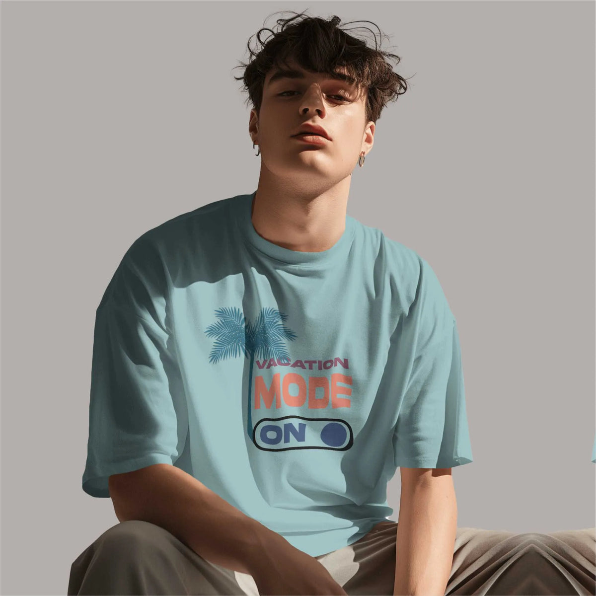 Vacation Mode On :  Aqua blue oversized T-shirt with 'Vacation Mode On' graphic print, drop shoulders, round collar, 100% cotton