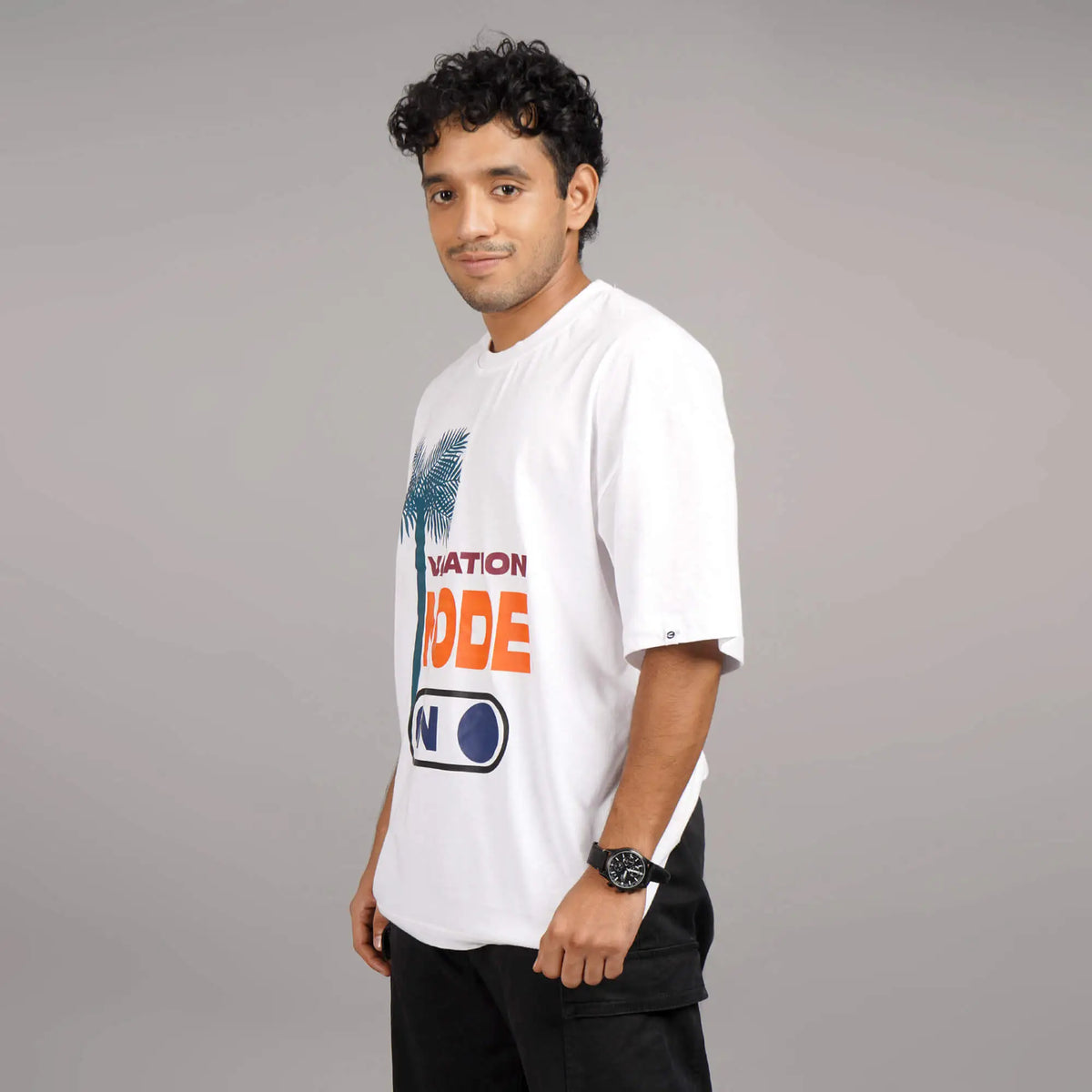Vacation Mode On : buy online oversize t shirt | 100 % Cotton, Round Collar, Drop Shoulder for man t shirt