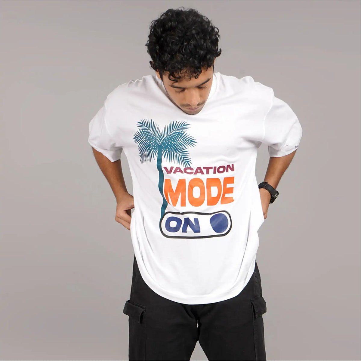 Vacation Mode On : front Graphic Print oversize t shirt | Drop Shoulder, Round Collar and White color | Buy online 
